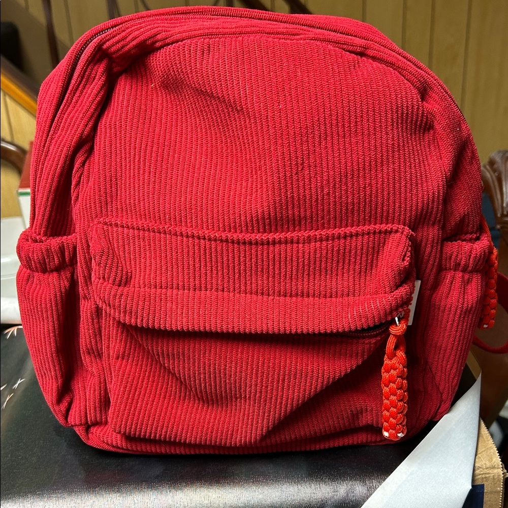 Red Corduroy Backpack with Cream Interior